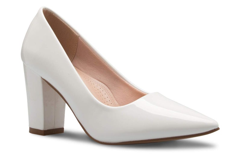 Olivia K Women's Classic Pointed-Toe Elegant Pumps Low Block Heel - Adorable, Comfortable White Patent - Image 1